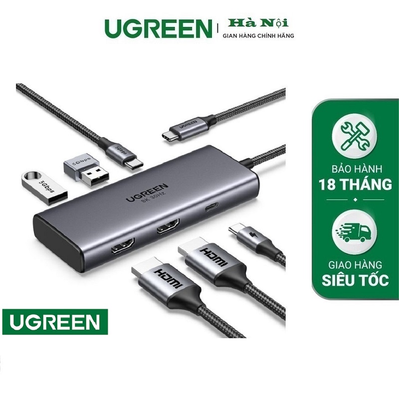 Ugreen 15852 Bộ chuyển đổi cổng USB-C sang 2*USB-A 3.0+USB-C 3.0+2*HDMI+PD 2*HDMI có PD